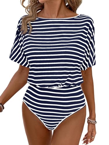 GORGLITTER Damen Body Kurzarm Bodysuit Gestreift Bodys Sommer T-Shirt Body Casual Sommershirt Bodies mit U-Ausschnitt Dunkelblau S GORGLITTER Damen Body Kurzarm Bodysuit Gestreift Bodys Sommer T-Shirt Body Casual Sommershirt Bodies mit U-Ausschnitt Dunkelblau S von GORGLITTER