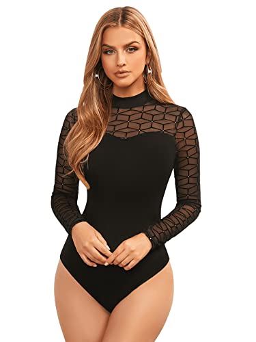 GORGLITTER Damen Body Langarm Elegant Mesh Bodysuit Strass Body Sexy Langarmbody String Damenbodys Mit Stehkragen Schwarz L von GORGLITTER