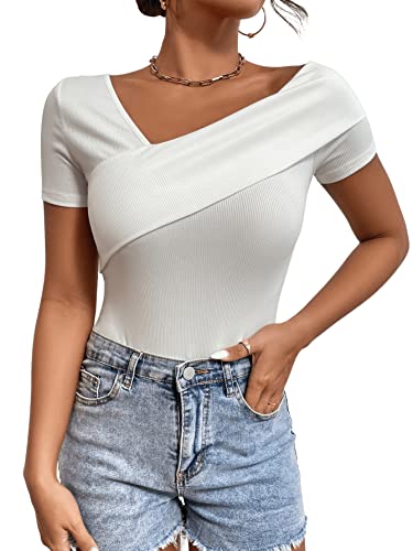 GORGLITTER Damen Body Rippenstrick Bodysuit Kurzarm T-Shirt Bodies Slim Oberteil mit Asymmetrischem Kragen Weiß L von GORGLITTER