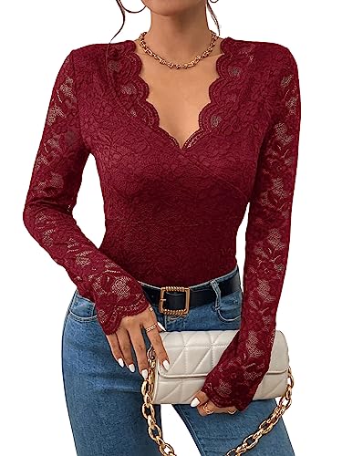 GORGLITTER Damen Body Spitzen Bodysuit Durchsichtig Oberteil Spitzenbody Schmal T-Shirt Party Bodys mit Bogenkante V-Ausschnitt Bordeaux M von GORGLITTER