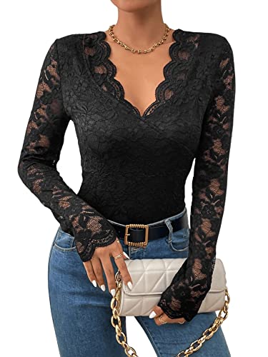 GORGLITTER Damen Body Spitzen Bodysuit Durchsichtig Oberteil Spitzenbody Schmal T-Shirt Party Bodys mit Bogenkante V-Ausschnitt Schwarz XS von GORGLITTER