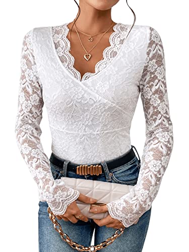 GORGLITTER Damen Body Spitzen Bodysuit Durchsichtig Oberteil Spitzenbody Schmal T-Shirt Party Bodys mit Bogenkante V-Ausschnitt Weiß M von GORGLITTER