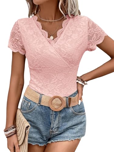 GORGLITTER Damen Body Spitzen Bodysuit Muscheln Oberteil Elegant Spitzenbody Trachtenbody Party Bodys mit V-Ausschnitt Rosa L von GORGLITTER