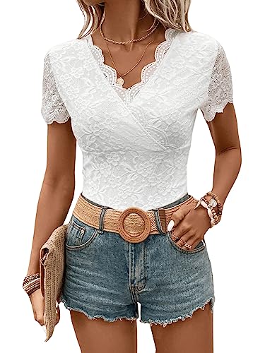 GORGLITTER Damen Body Spitzen Bodysuit Muscheln Oberteil Elegant Spitzenbody Trachtenbody Party Bodys mit V-Ausschnitt Weiß M von GORGLITTER