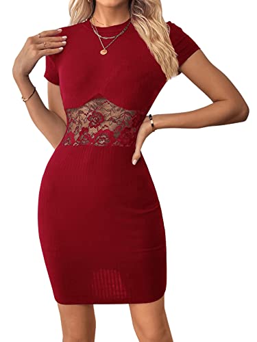 GORGLITTER Damen Bodycon Kleider Kurz Minikleid Elegant Freizeitkeid Rundhals Figurbetontes Bleistiftkleid mit Spitzeneinsatz Rot L von GORGLITTER