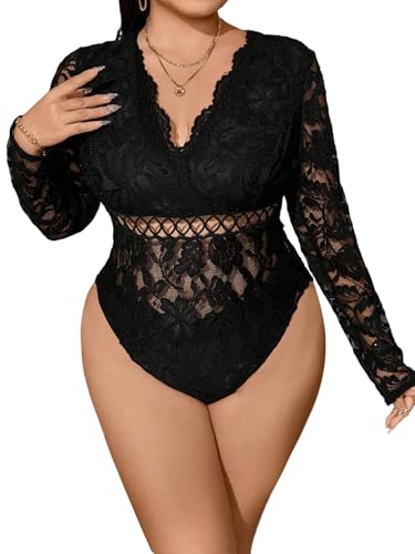 GORGLITTER Damen Bodys Transparent Spitze Bodysuit Langarm Oberteil Große Größen Body Elegant Bodysuits Spitzenbody Party Outfit Schwarz 4XL von GORGLITTER