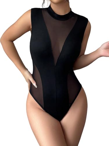 GORGLITTER Damen Bodysuit Ärmelloses Body mit Netzstoff Transparente Bodysuits Stehkragen Bodys Blusenbody Mesh Oberteil Schwarz M von GORGLITTER