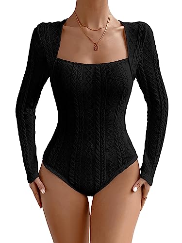 GORGLITTER Damen Bodysuit Eckiger Ausschnitt Body Elegant Bodys Langarm Bodies T-Shirts mit Zopfstrick Schwarz L von GORGLITTER