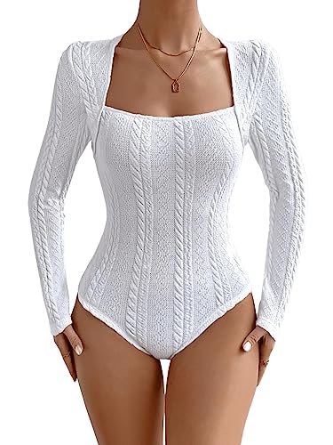 GORGLITTER Damen Bodysuit Eckiger Ausschnitt Body Elegant Bodys Langarm Bodies T-Shirts mit Zopfstrick Weiß M von GORGLITTER