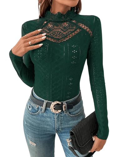 GORGLITTER Damen Bodysuit Elegant Bodies Stehkragen Öse Stickerei Bodys Langarm Body mit Spitzeneinsatz Dunkelgrün L von GORGLITTER