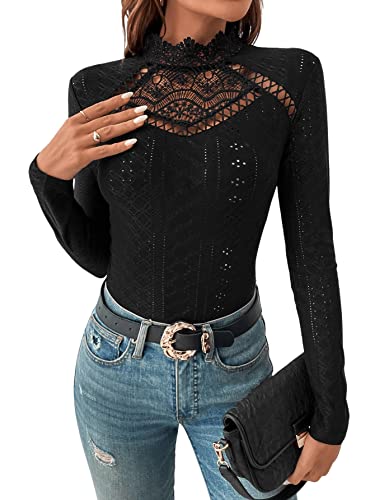 GORGLITTER Damen Bodysuit Elegant Bodies Stehkragen Öse Stickerei Bodys Langarm Body mit Spitzeneinsatz Schwarz M von GORGLITTER