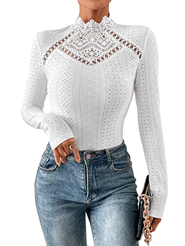 GORGLITTER Damen Bodysuit Elegant Bodies Stehkragen Öse Stickerei Bodys Langarm Body mit Spitzeneinsatz Weiß L von GORGLITTER