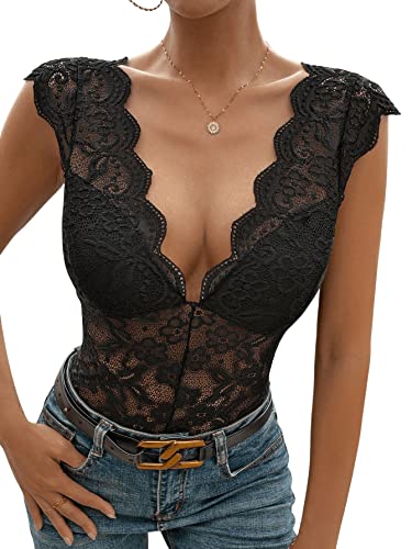 GORGLITTER Damen Bodysuit Elegant Bodies Tiefer V-Ausschnitt Transparent Bodys Tank Body mit Spitze Schwarz L von GORGLITTER