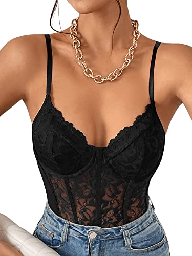 GORGLITTER Damen Bodysuit Elegant Bodies V-Ausschnitt Spitzen Bodys Spaghettiträger Body mit Spitze Schwarz S von GORGLITTER