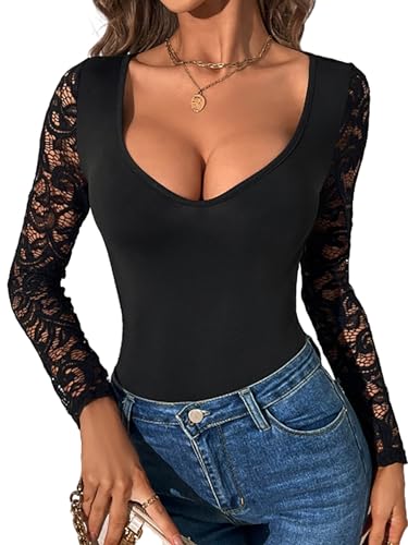 GORGLITTER Damen Bodysuit Herzausschnitt Bodies Elegant Body Bodysuits Langarm Oberteil mit Spitzen Schwarz S von GORGLITTER