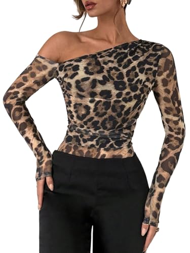 GORGLITTER Damen Bodysuit Langarm Off Shoulder Bodys Elegant Langarmshirt Leopardenmuster Blusebody Herbst Party Festival Outfits Leo S von GORGLITTER