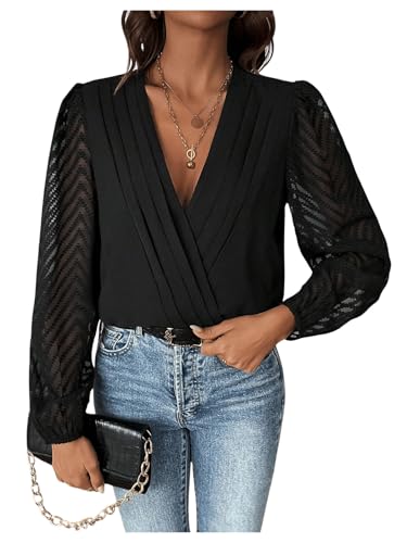 GORGLITTER Damen Bodysuit Langarm V Ausschnitt Transparent Ärmel Bodies Elegant Body Shirt Damenbody mit Wickel-Front Schwarz L von GORGLITTER