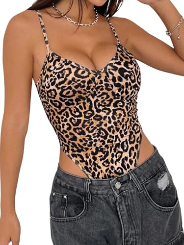 GORGLITTER Damen Bodysuit Leoparden Muster Body Spaghettiträger Oberteile Rückenfreie Bodys Ärmellose Stringbody Camisole Bodysuits Party Bodies Leo S von GORGLITTER