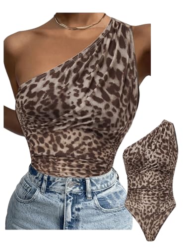 GORGLITTER Damen Bodysuit Leopardenmuster Body Sommer Schulterfreie Bodys Asymmetrischer Ausschnitt Oberteile Ärmellose Bodysuits Netzbody Blusenbody Kaffeebraun XS von GORGLITTER