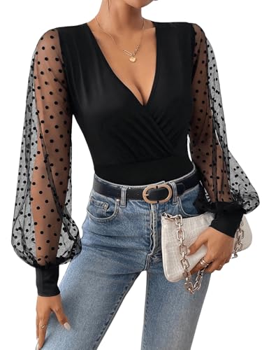 GORGLITTER Damen Bodysuit Polka Dot Mesh Bodys V-Ausschnitt Damanbodysuit Puffärmel Body Elegant Langarm Bluse Durchsichtig Oberteile Schwarz L von GORGLITTER
