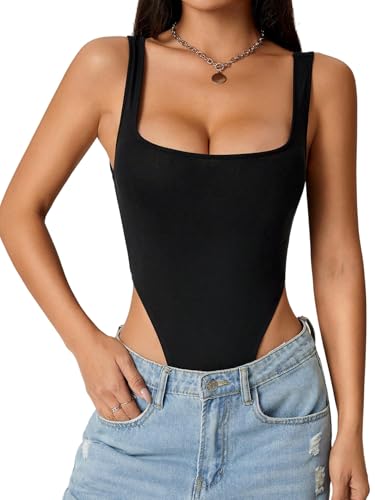 GORGLITTER Damen Bodysuit Rückenfrei Body Ärmellose Bodysuits U Ausschnitt Oberteile Sommer Hohe Taille Tank Bodys Elegant Bodies Party Damenbody Schwarz M von GORGLITTER
