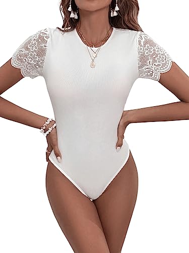 GORGLITTER Damen Bodysuit Rückenfrei Spitze Applikation Schmaler Body Rundkragen Bodies mit Spitzenkontrast Weiß M von GORGLITTER