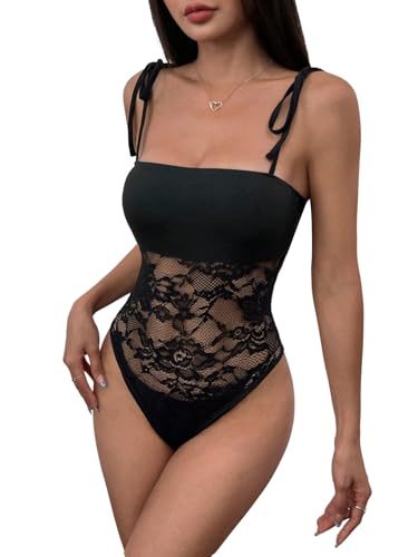 GORGLITTER Damen Bodysuit Sommer Ärmellos Bodies mit Spitze Elegante Oberteile Cami Bodys Spitzenbody Freizeit Bodies Spaghettiträger Top Schwarz XL von GORGLITTER