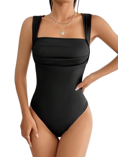 GORGLITTER Damen Bodysuit Sommer Tank Body Rippenstrick Oberteile U Ausschnitt Bodysuits Ärmellose Bodys Elegant Damenbody Freizeitbody Schwarz S von GORGLITTER