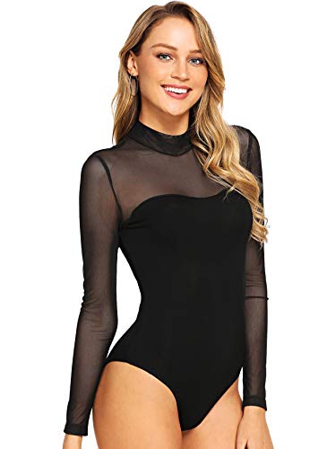 GORGLITTER Damen Bodysuit Stehkragen Elegant Bodies Body Bodysuits Durchsichtiges Netz Langarm T-Shirt Casual Bodies Schwarz M von GORGLITTER