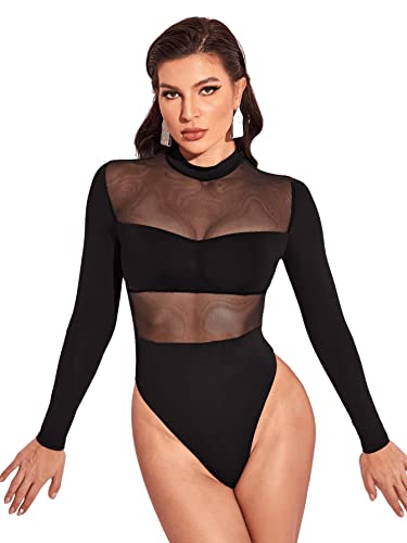 GORGLITTER Damen Bodysuit Stehkragen Elegant Bodies Body Bodysuits Durchsichtiges Netz Langarm T-Shirt Schwarz L von GORGLITTER