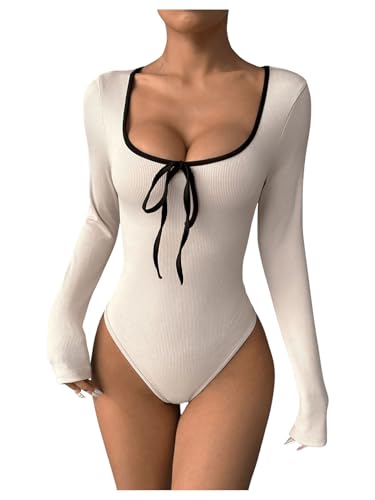 GORGLITTER Damen Bodysuits U Ausschnitt Bodys Langarm Bodies Farbblock Bodysuit Overall T-Shirt mit Knoten Aprikosenfarben XS von GORGLITTER