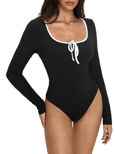 GORGLITTER Damen Bodysuits U Ausschnitt Bodys Langarm Bodies Farbblock Bodysuit Overall T-Shirt mit Knoten Schwarz L von GORGLITTER