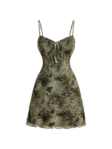 GORGLITTER Damen Boho Kleid Sommer Minikleid Mit Blumenmuster Vintage Cami Kleider Netz Ärmellos Freizeitkleid Kurz Spaghettiträger Kleid Mit Wellensaum Armeegrün XS von GORGLITTER