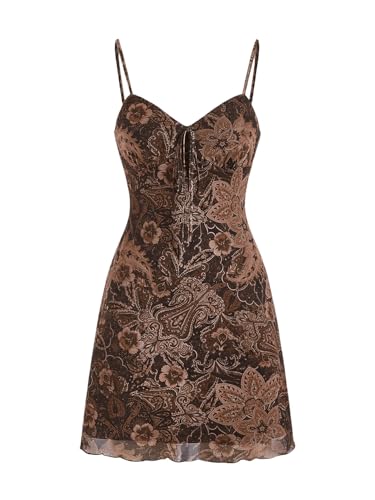 GORGLITTER Damen Boho Kleid Sommer Minikleid Mit Blumenmuster Vintage Cami Kleider Netz Ärmellos Freizeitkleid Kurz Spaghettiträger Kleid Mit Wellensaum Braun M von GORGLITTER