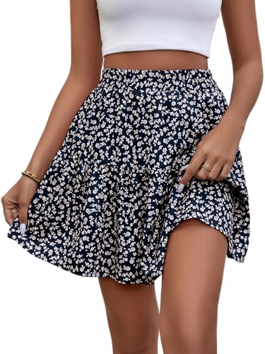 GORGLITTER Damen Boho Rock Geblümt Sommerkleid Rockabilly Kurz Röcke Strandrock Casual Shortrock Minirock Dunkelblau XS von GORGLITTER