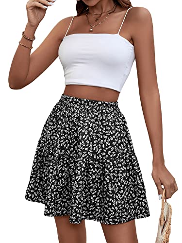 GORGLITTER Damen Boho Rock Geblümt Sommerkleid Rockabilly Kurz Röcke Strandrock Casual Shortrock Minirock Schwarz und Weiss XS von GORGLITTER