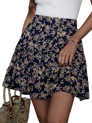 GORGLITTER Damen Boho Rock Sommer Kurz Röcke mit Blumenmuster Strandrock mit Rüschen A-Linie Minirock Hohe Taille Blumen Sommerrock Blau L von GORGLITTER