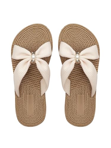 GORGLITTER Damen Boho Sandalen Flache Sandaletten Offene Zehe Freizeitsandals mit Dicken Boden Sommerschuhe Outdoor Sandals Urlaub Strandsandalen Beige CN38 von GORGLITTER