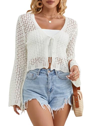 GORGLITTER Damen Bolero Strickjacke Elegant Gehäkelt Cardigan mit Schleife Vorne Strick Crop Top mit V-Ausschnitt Leicht Häkel Langarm Tops Herbst Weiß L von GORGLITTER