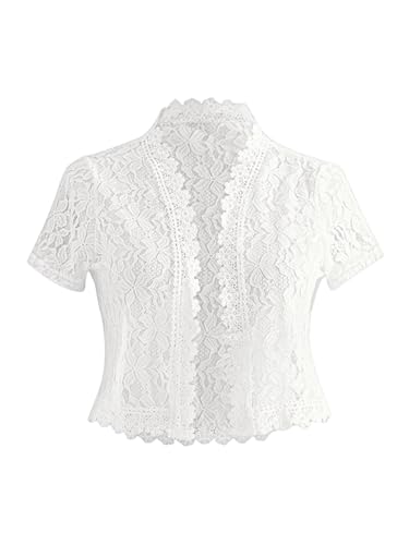 GORGLITTER Damen Boleros Transparent Spitzen Blouson Elegant Cardigans Leicht Jacke Offener Front Kurzarm Crop Jäckchen Sommer Kurzjacke mit Spitzen Bluse Weiß XL von GORGLITTER