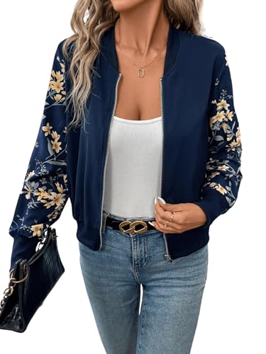 GORGLITTER Damen Bomberjacke Baseball-Kragen Blouson Herbst Jacke Fliegerjacke Pilotenjacke Bomber Jacket Übergangsjacke mit Reißverschluss Königsblau M von GORGLITTER