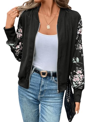 GORGLITTER Damen Bomberjacke Baseball-Kragen Blouson Herbst Jacke Fliegerjacke Pilotenjacke Bomber Jacket Übergangsjacke mit Reißverschluss Schwarz XS von GORGLITTER