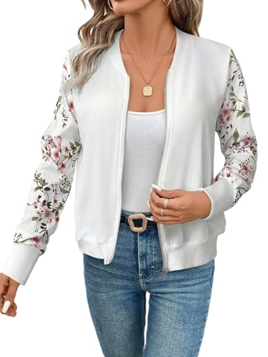 GORGLITTER Damen Bomberjacke Baseball-Kragen Jacken Casual Jacke Fliegerjacke Pilotenjacke Bomber Jacket Übergangsjacke mit Reißverschluss Weiß L von GORGLITTER