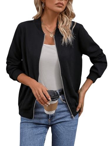 GORGLITTER Damen Bomberjacke Baseball-Kragen Jacken Herbst Fliegerjacke Pilotenjacke Blouson Jacket Übergangsjacke mit Reißverschluss Schwarz L von GORGLITTER