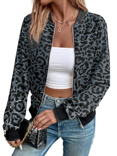 GORGLITTER Damen Bomberjacke Herbst Elegant Jacke Mit Leopardenmuster Leichte Jacke Mit Reißverschluss Übergangsjacke Freizeitjacke Grau M GORGLITTER Damen Bomberjacke Herbst Elegant Jacke Mit Leopardenmuster Leichte Jacke Mit Reißverschluss Übergangsjacke Freizeitjacke Grau M von GORGLITTER
