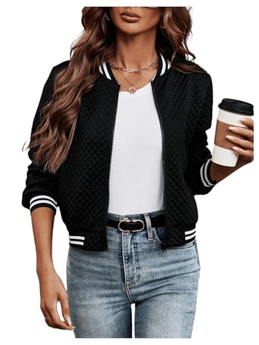 GORGLITTER Damen Bomberjacke Kurz Baseballjacke College Jacke Übergangsjacke Langarm Freizeitjacken mit Farbblock Schwarz XXL von GORGLITTER
