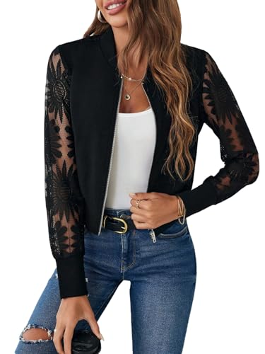 GORGLITTER Damen Bomberjacke Langarm Spitze Jacke mit Reißverschluss Leicht Blouson Übergangsjacke Spitzenjacke Freizeitjacke Herbstoutfit Schwarz S von GORGLITTER