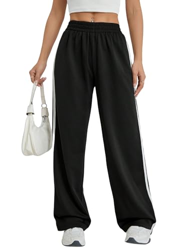 GORGLITTER Damen Breite Bein Hose Locker Stoffhose mit Seitenstreifen Hohe Taille Freizeithose mit Tunnelzug Sporthose Fitnesshose Causalhose Schwarz S von GORGLITTER