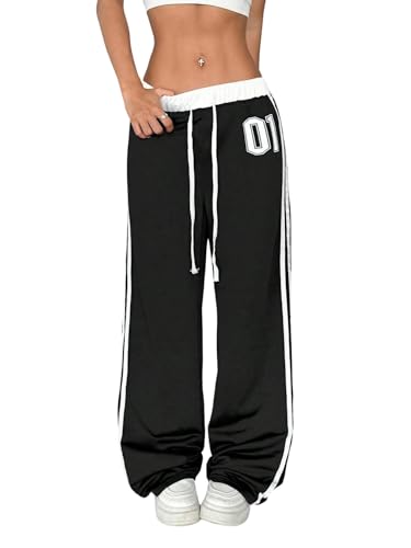 GORGLITTER Damen Breites Bein Hose Freizeithose mit Kordelzug Jogginghose Sporthose Causalhose Streifen Gerade Lockere Hosen Stoffhose Schwarz M von GORGLITTER
