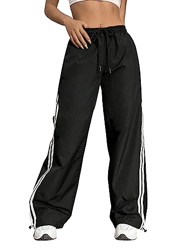 GORGLITTER Damen Breites Bein Hosen Elastischer Bund Lange Hose Drop Waist Locker Gestreift Freizeithose mit Tunnelzug Schwarz L von GORGLITTER